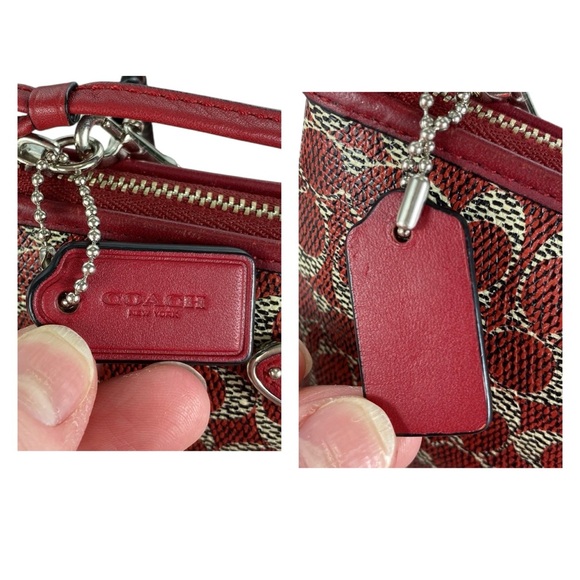 Coach EUC Dark Red and Tan Monogram Corner Zip Wristlet - Picture 4 of 17